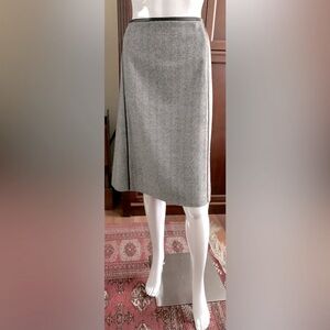 Beymen Gray wool tweed skirt at knee fishbone pattern leather trim Eu 44 US 12